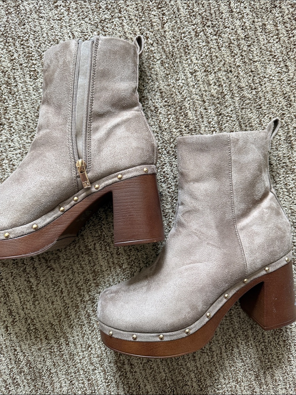 New York & Company Taupe Suede Shearling-Lined Platform Ankle Boots - Picture 1 of 4